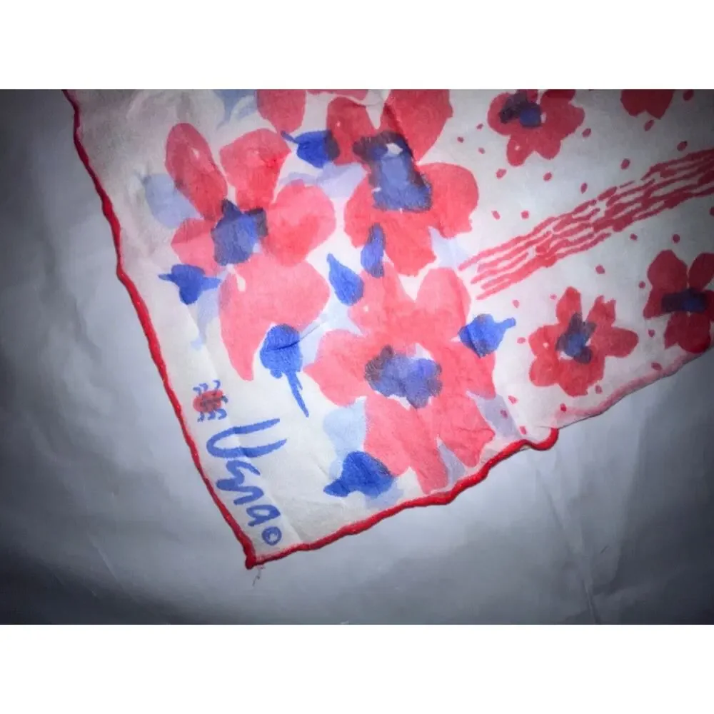 Vintage Vera Neumann Scarf - Sheer - Ladybug signed - Red & Blue Flowers